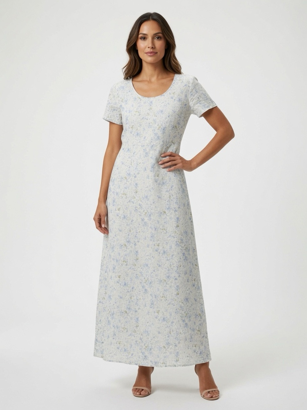 100% Linen Liz Claiborne Light Blue Floral Scoop Neck Maxi Dress